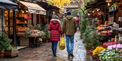 Obraz premium Couple Walking Through European Market Street