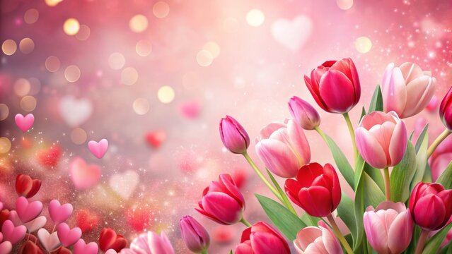 Vibrant pink and red hearts, tulips, and subtle patterns adorn a soft pink background, creating a playful and romantic setting for special occasions and celebrations.