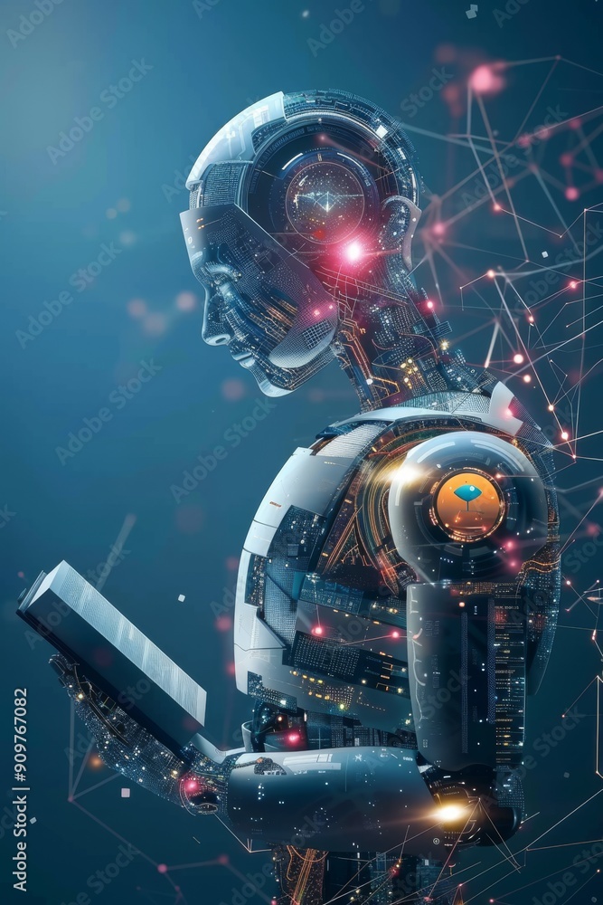 Poster futuristic robot reading a book with digital network connections