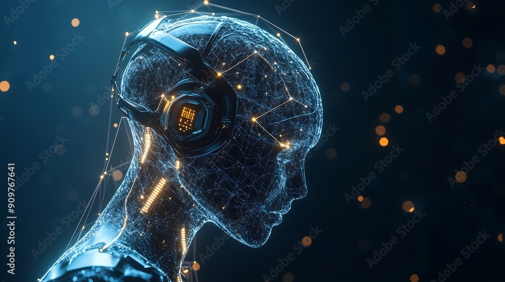 Poster ai on a futuristic humanoid with glowing network connection