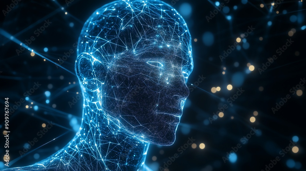 Poster ai on a futuristic humanoid with glowing network connection