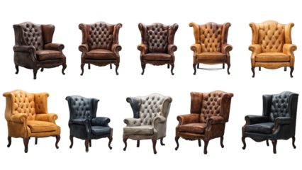 Various modern designer wooden chesterfield wing chairs - AI Generated transparent PNG