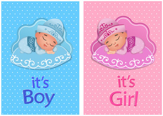  vector illustration of baby shower invitation with cartoon cute baby girl and cute baby boy , its boy , its girl text.