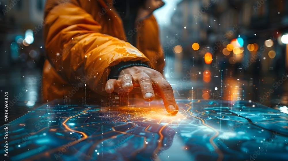 Poster person using a holographic map for navigation in a high tech city technology concept