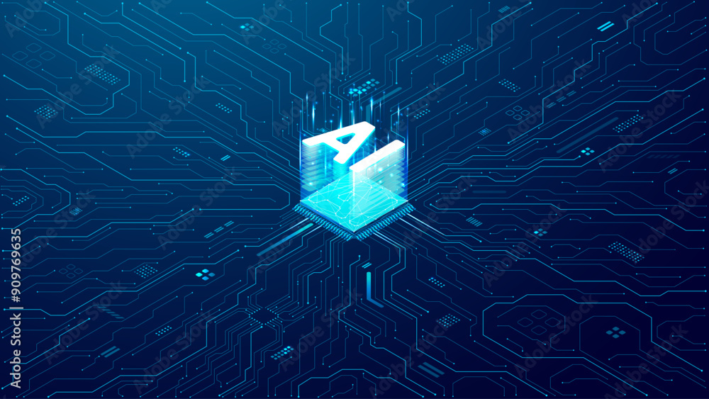 Poster AI background. Abstract AI chip hologram on circuit board tech bg. Artificial Intelligence isometric 3D logo with neon growing light lines. Vector illustration. CPU processor or semiconductor design.