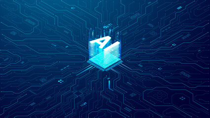 AI background. Abstract AI chip hologram on circuit board tech bg. Artificial Intelligence isometric 3D logo with neon growing light lines. Vector illustration. CPU processor or semiconductor design.
