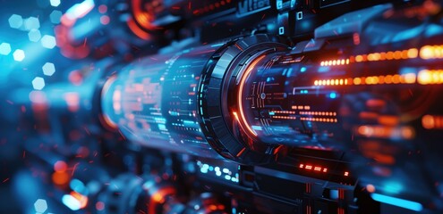 Futuristic digital interface with glowing elements and technological patterns in vibrant colors. Concepts of advanced technology, innovation, and digital transformation.