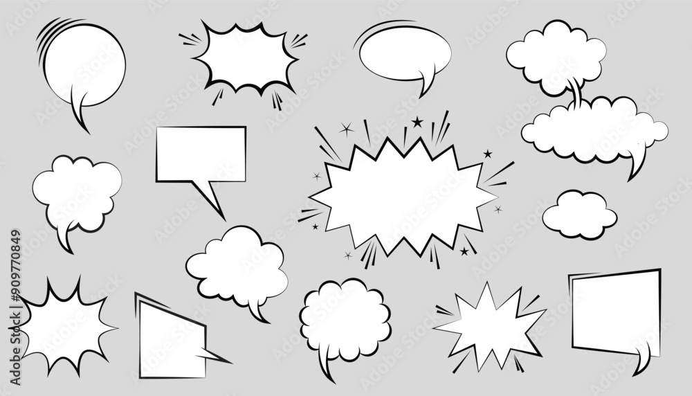 Poster Collection of empty comic speech bubbles with different shapes. white speech cloud set. chatting box. message box