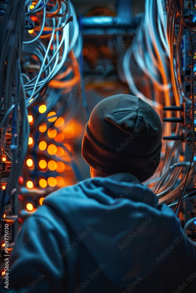 Aufkleber back view of a network security technician.