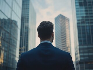 Fototapeta premium A man in a suit stands in front of tall buildings, a common scene for business and finance