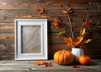 Cozy autumnal scene featuring a white portrait frame adorned with fall branches and a festive pumpkin, set against a rustic wooden wall with ample copy space.