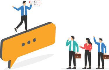 Fototapeta premium a man in a business suit with a loudspeaker stands on a big message icon and speaks to people,