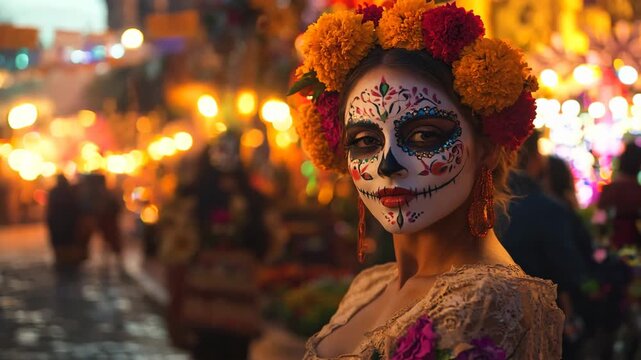 Video of woman with Dia de los Muertos makeup and marigold flowers in hair at night festival. High-resolution footage with bokeh background. Day of the Dead celebration