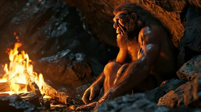 Neanderthal, an ancient man in his cave sitting near a fire.