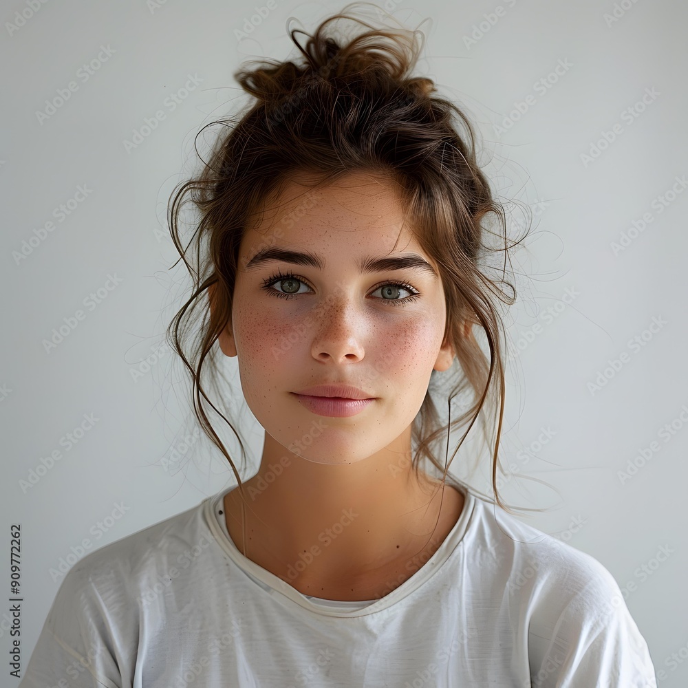 Wall mural Portrait of a Young Woman with Freckles and a Messy Bun