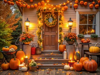 Fototapeta premium Cozy autumn porch decor features Pumpkins, lanterns, and garlands, creating a warm and inviting ambiance for a Halloween party or Harvest festival celebration.