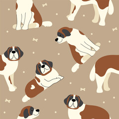 Saint Bernard seamless pattern on brown background vector illustration. Fluffy big dog cartoon style
