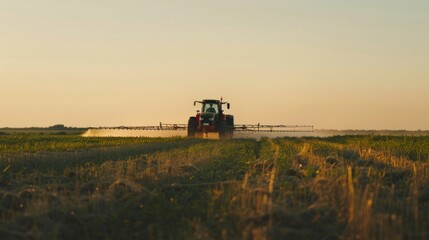 Naklejka premium Tractor Spraying Crops at Sunset