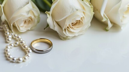 Wedding Ring and Pearls Beside White Roses