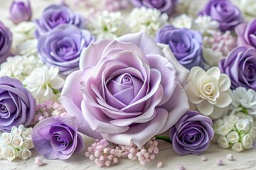 Obraz premium Soft focus flat lay of artificial lilac and purple roses, with a single white rose, crafted from foamiran, against a delicate background of matching blooms.