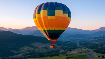 Fototapeta premium Colorful hot air balloon flying over green valley with road and mountain background at sunrise bucket list lifestyle concept