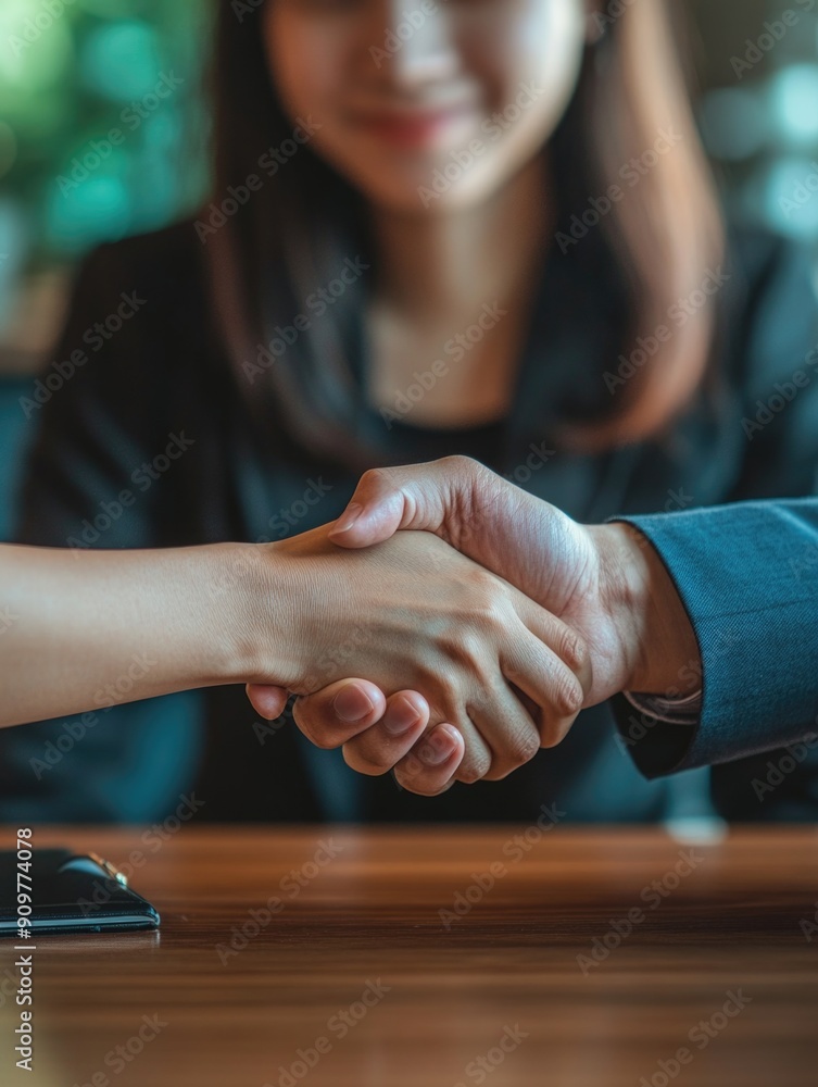 Wall mural A close-up shot of two individuals extending their hands and shaking them as a symbol of agreement or partnership