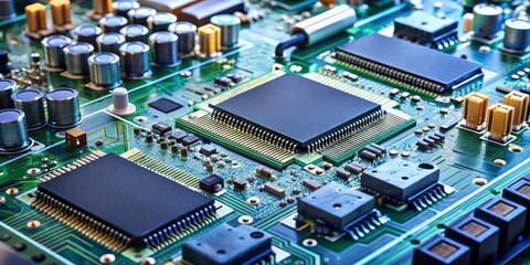 High-precision electronic board with surface-mounted integrated circuits and passive components, showcasing intricate details of industrial automation and Industry 4.0 technology advancements.