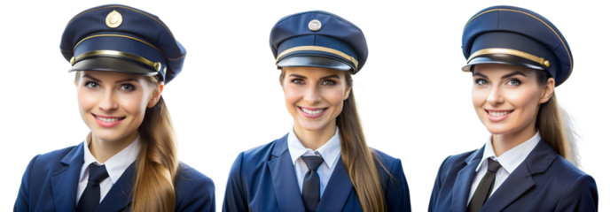 Three women wearing navy uniforms with hats are smiling confidently. Each woman has a unique pose, showcasing the elegance and professionalism of their attire. Their joyful expressions convey a sense 