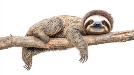 Naklejka premium Sloth hanging from a tree branch isolated on white