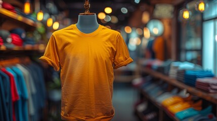 Obraz premium Bright Yellow T-Shirt Displayed in A Clothing Store During Evening Hours
