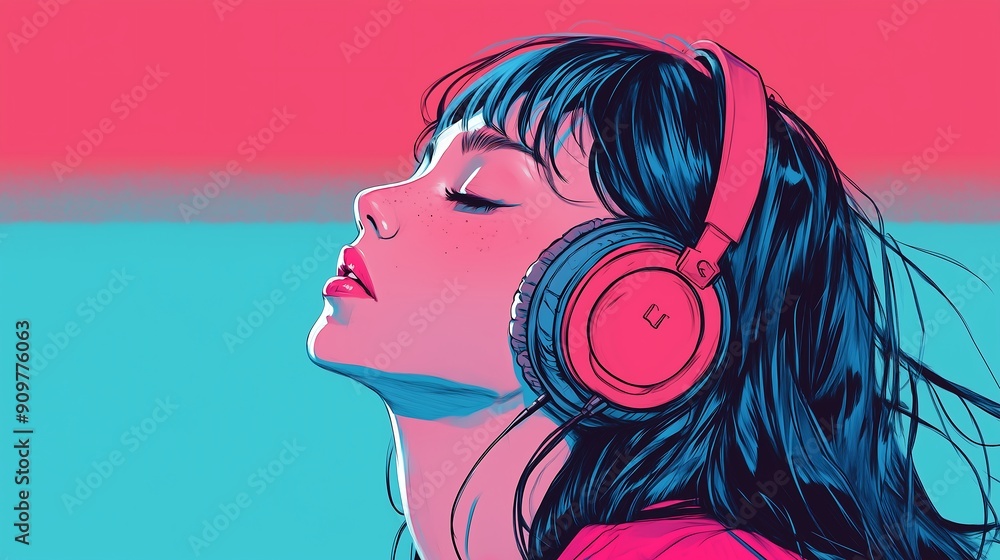 Wall mural Beautiful anime girl listening to lofi hip hop music with headphones.