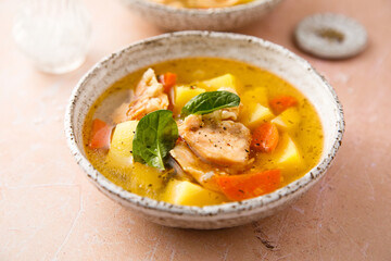 Homemade salmon soup with vegetables