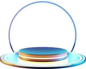 Abstract circular podium with glowing blue base and larger neon blue ring, isolated on transparent background. 3D model. Presentation mockup, sport event, sales, product display, infographics