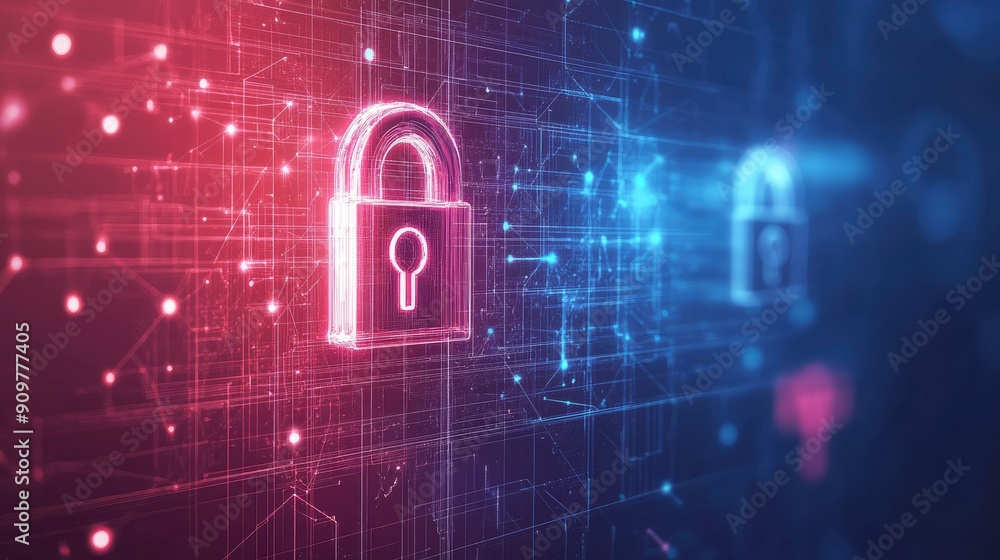 Poster abstract geometric shapes with digital locks and connections, symbolizing network security, with amp