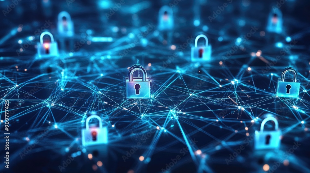 Poster abstract geometric shapes with digital locks and connections, symbolizing network security, with amp