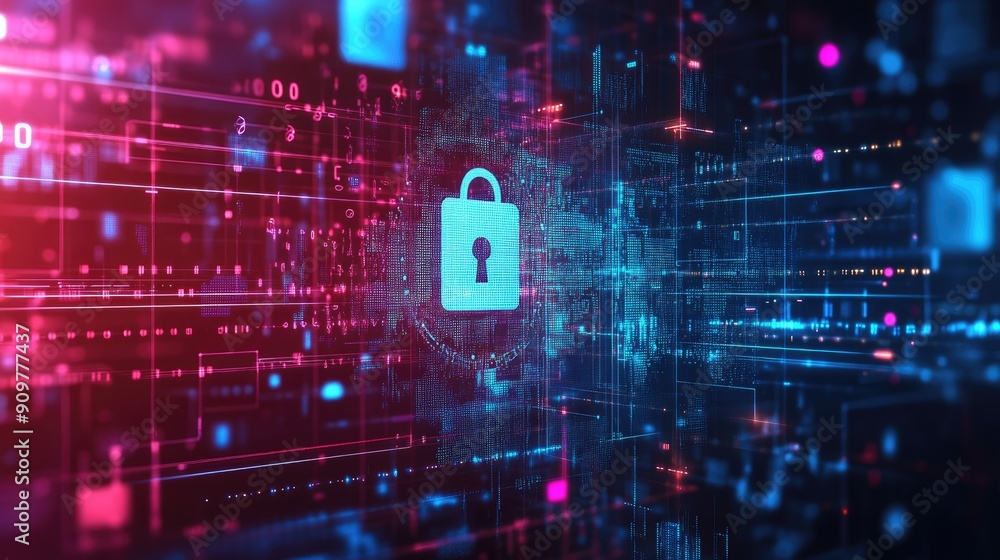 Poster abstract shapes forming a secure network design, symbolizing cybersecurity, with plenty of space for