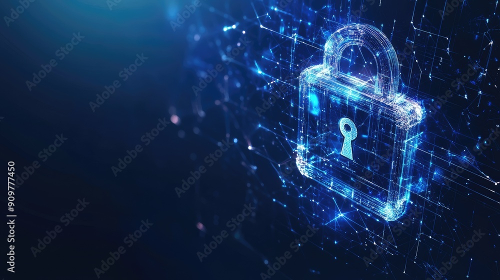 Poster abstract shapes forming a secure network design, symbolizing cybersecurity, with plenty of space for