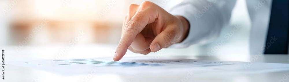 Poster a close-up of a financial advisor's hand pointing at a chart while discussing investment options wit