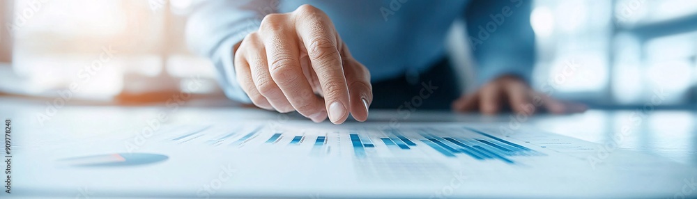 Poster a close-up of a financial advisor's hand pointing at a chart while discussing investment options wit