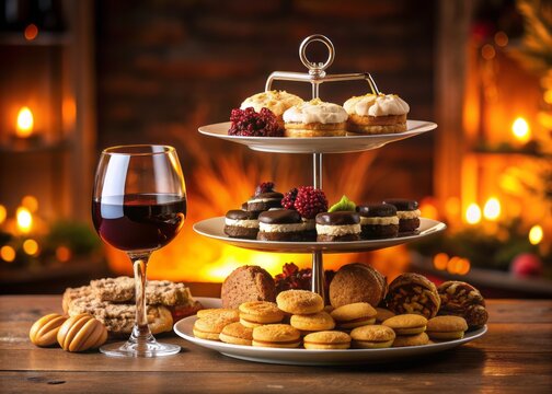 Elegant table setting featuring an assortment of cookies arranged on a tiered server alongside a wine glass, set against a warm and inviting background.