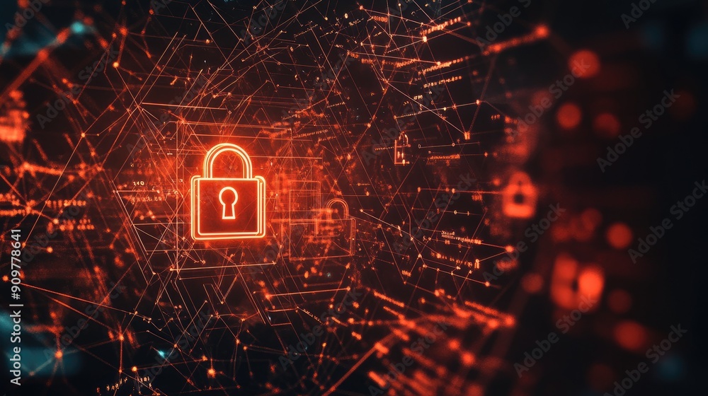 Poster digital padlocks and geometric patterns, illustrating network security, with ample room for text.
