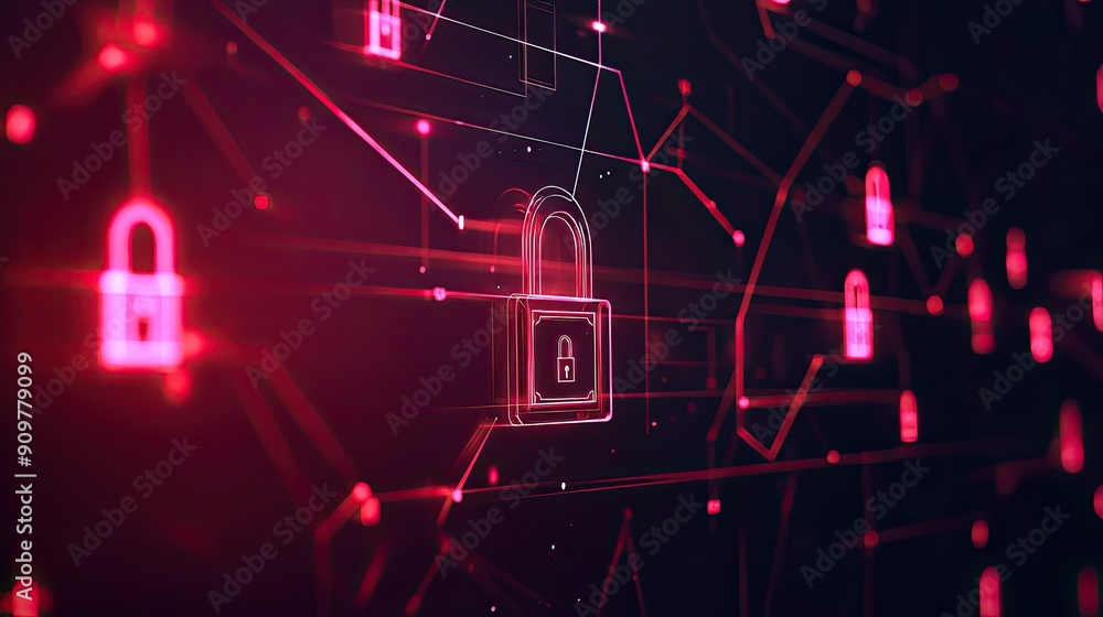 Poster futuristic network security concept with abstract geometric shapes and locks, with lots of space for
