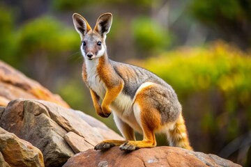 Naklejka premium Vibrant Yellow-footed Rock-wallaby showcases bright white cheek stripe, orange ears, fawn-grey back, white side-stripe, and distinctive brown and white hip-stripe patterns.