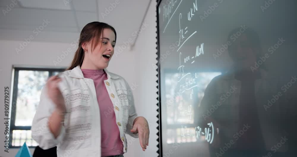 Aufkleber teaching, math and pointing of board, woman and explaining of equations, smile and talking in school