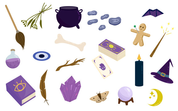 Collection of magic objects. Witchcraft, potion making, spell casting. Cauldron, voodoo doll, witch hat, broom, wand, crystal ball, tarot, spell book. Halloween theme set. Vector