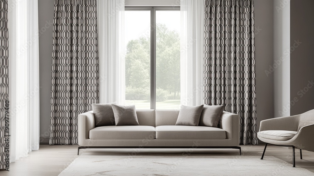 Poster modern patterned curtains with geometric designs adding a sleek touch to a minimalist living room, w