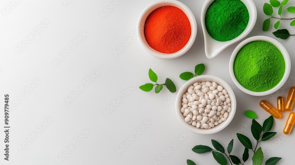 Poster a white background with four bowls of different colored powders and pills. the bowls are arranged in