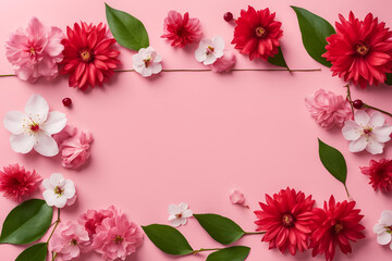 Obraz premium Pink, white, and red flowers of various sizes and shapes, along with green leaves and small red berries scattered around the edges, creating a beautiful and delicate composition.