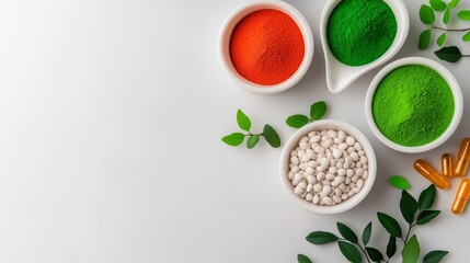 A white background with four bowls of different colored powders and pills. The bowls are arranged...