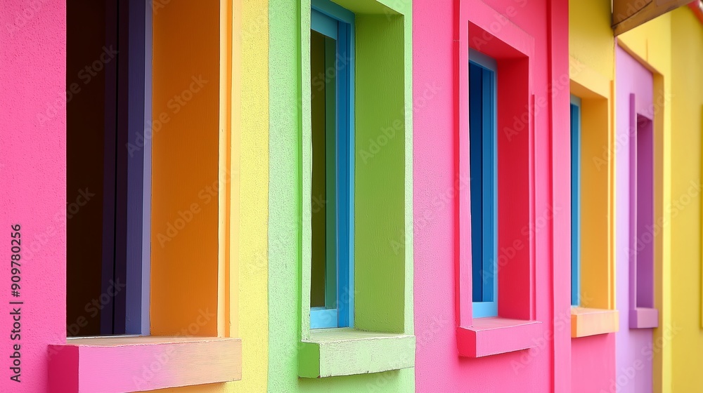 Poster the colorful houses have windows in different colors. the windows are arranged in a row, with the fi